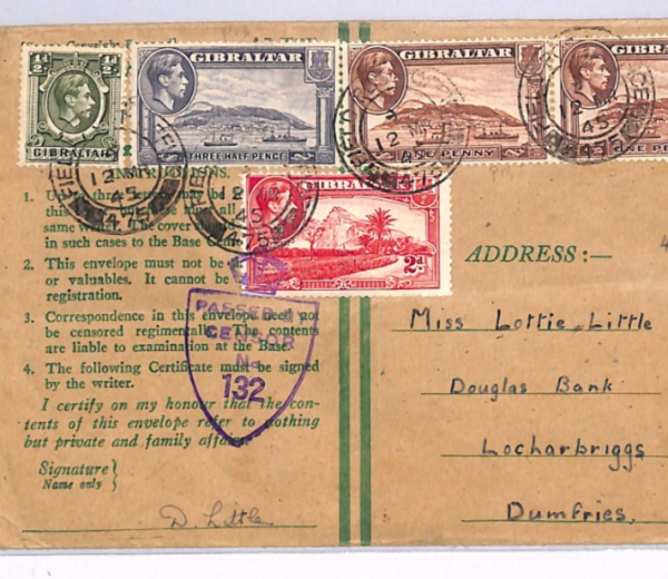 GIBRALTAR WW2 Cover CENSOR *Honour Envelope* 1945 Scotland Locharbriggs XH141