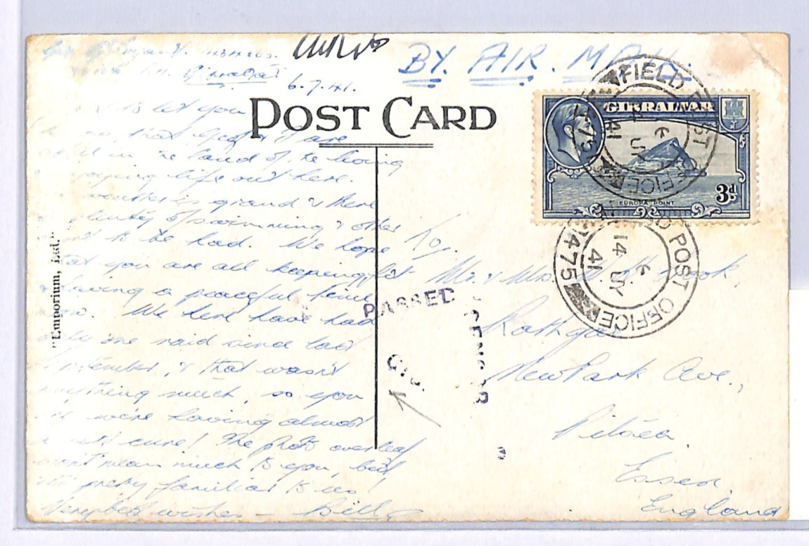 GIBRALTAR WW2 Postcard *AIR-RAID MESSAGE* NOT CENSORED 1941 Essex Censor WN290 - Image 3