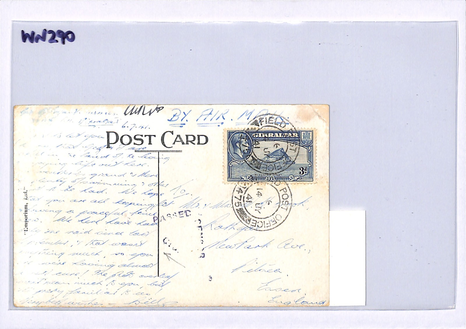 GIBRALTAR WW2 Postcard *AIR-RAID MESSAGE* NOT CENSORED 1941 Essex Censor WN290 - Image 5