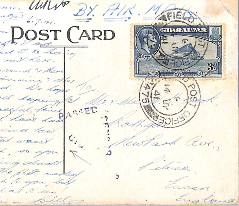 GIBRALTAR WW2 Postcard *AIR-RAID MESSAGE* NOT CENSORED 1941 Essex Censor WN290