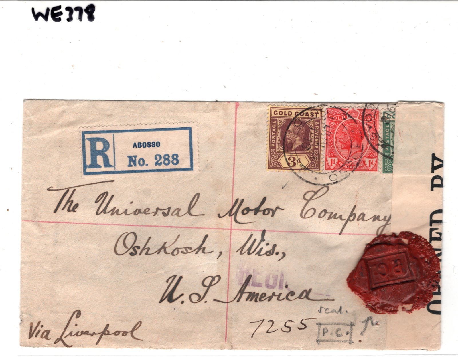 GOLD COAST WW1 Cover *PC* WAX SEAL Over CENSOR 1918 Abosso Registered USA WE378 - Image 3