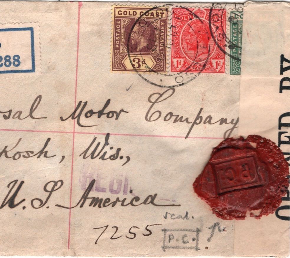 GOLD COAST WW1 Cover *PC* WAX SEAL Over CENSOR 1918 Abosso Registered USA WE378