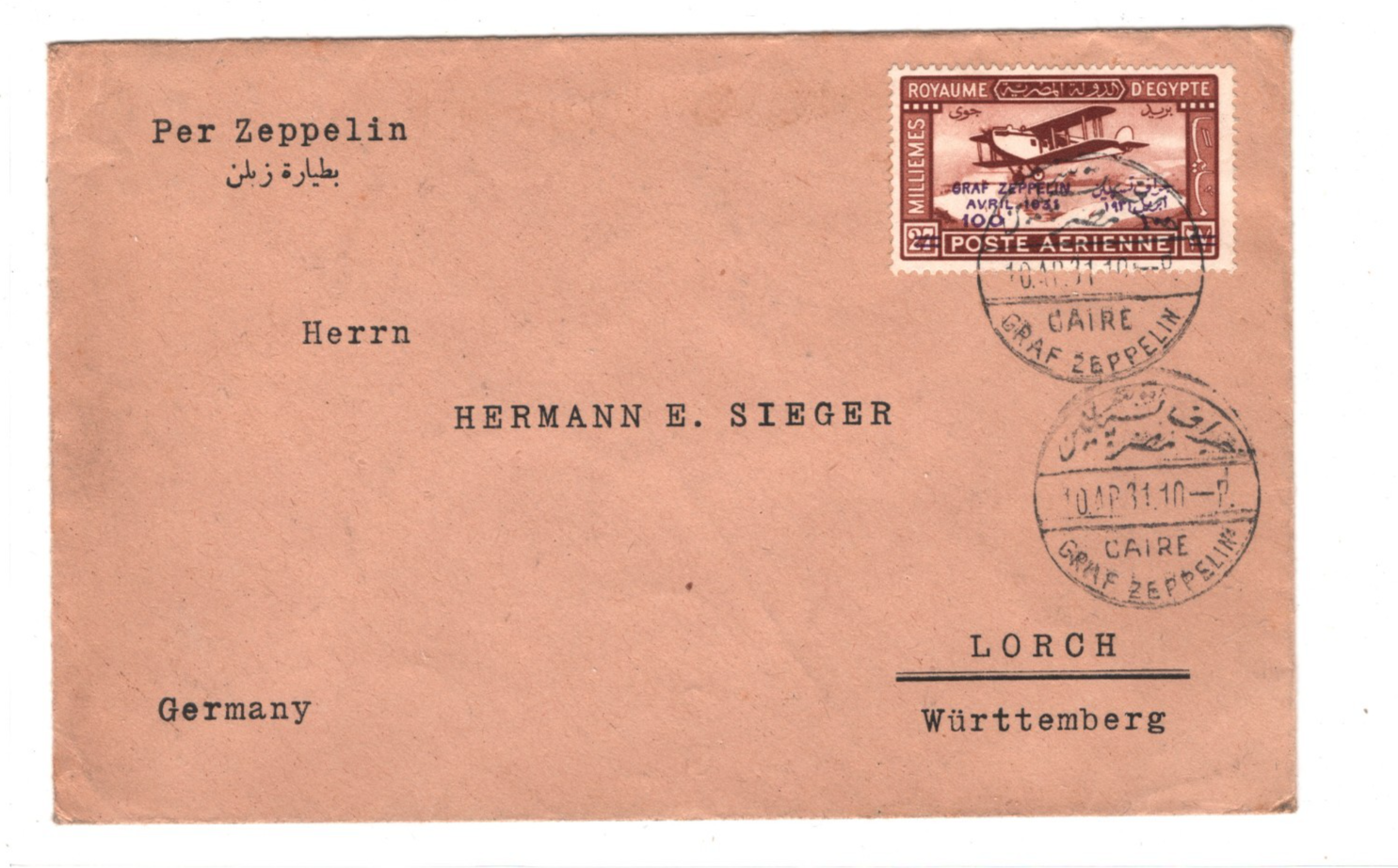 GRAF ZEPPELIN 1931 Violet Overprint EGYPT Cover 100m Air Cairo Sieger KZ422 - Image 4