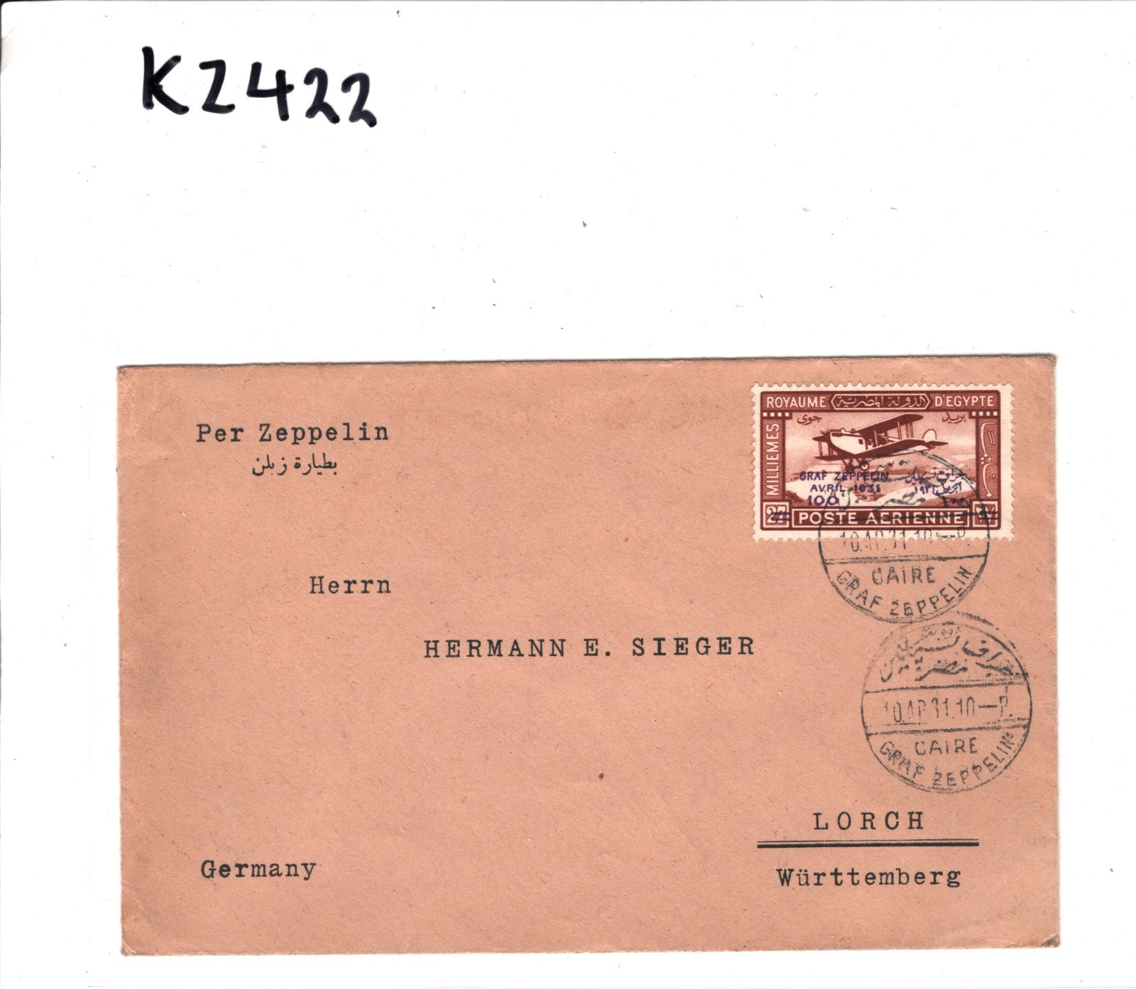 GRAF ZEPPELIN 1931 Violet Overprint EGYPT Cover 100m Air Cairo Sieger KZ422 - Image 7