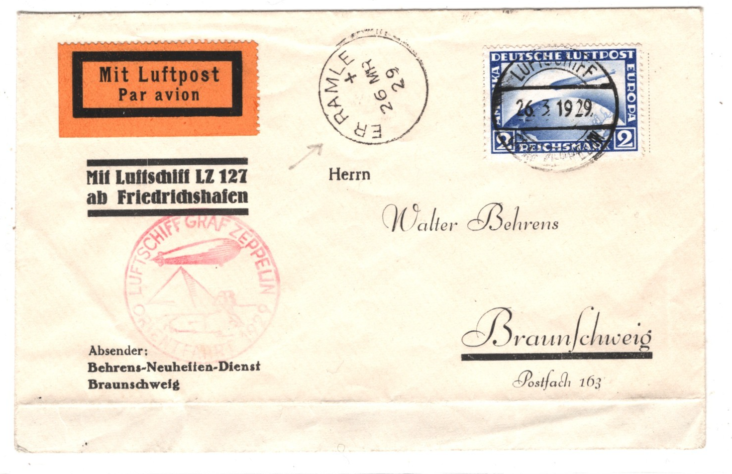 GRAF ZEPPELIN 2m Air 1929 PALESTINE DROP MAIL Cover ORIENTFAHRT *Er Ramle* KZ420 - Image 3