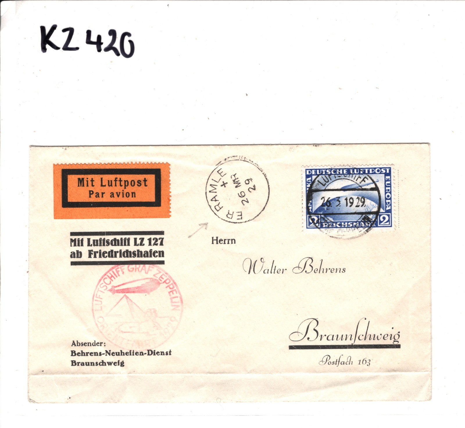 GRAF ZEPPELIN 2m Air 1929 PALESTINE DROP MAIL Cover ORIENTFAHRT *Er Ramle* KZ420 - Image 5