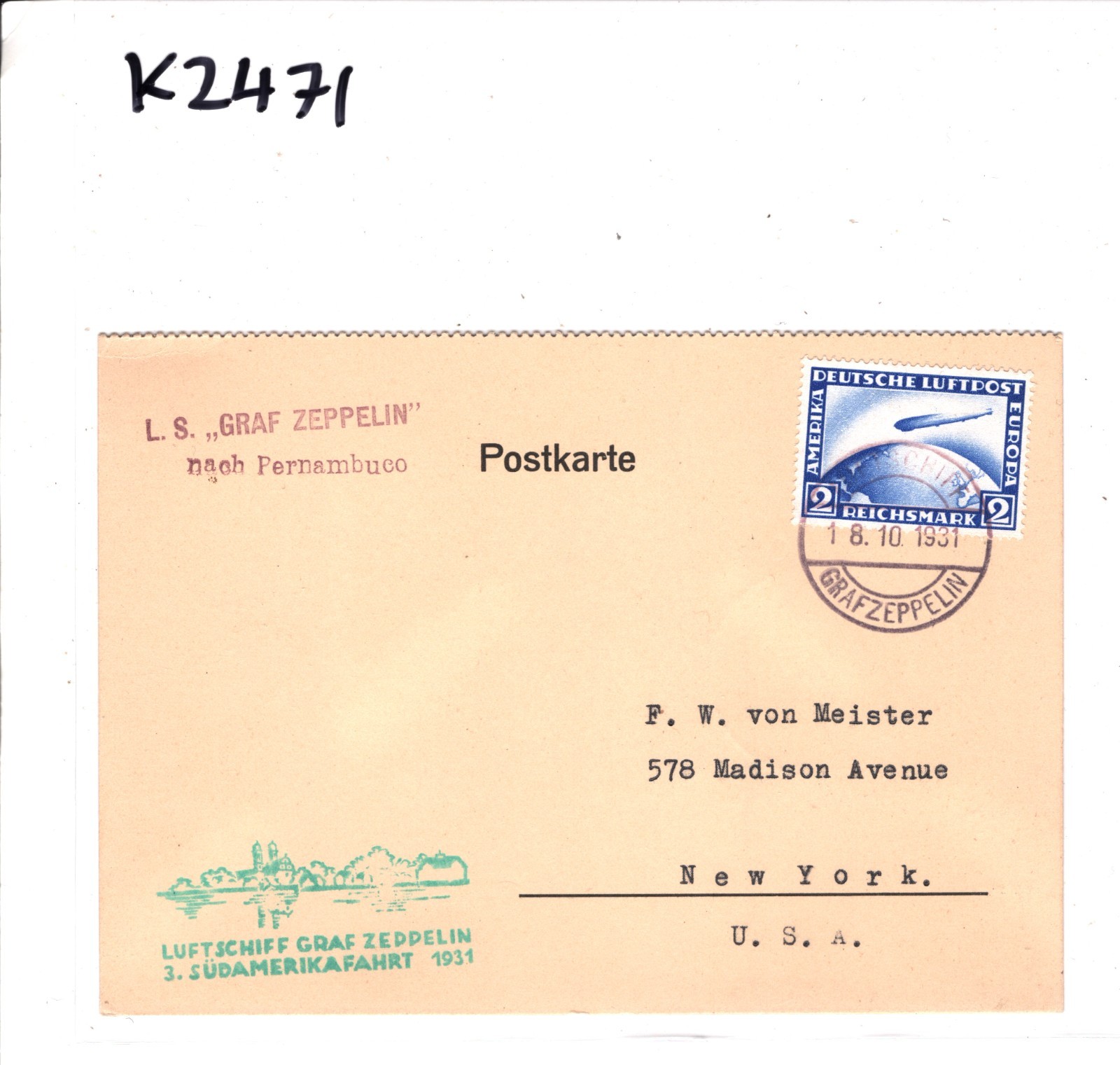 GRAF ZEPPELIN 2m Air GERMANY Card 1931 New York Per *3.SÜDAMERIKAFAHRT* KZ471 - Image 4