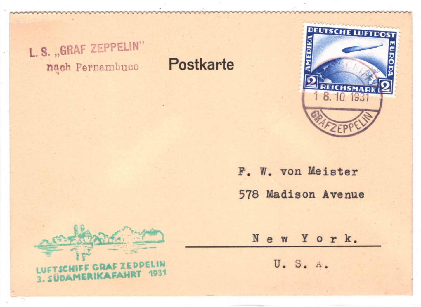 GRAF ZEPPELIN 2m Air GERMANY Card 1931 New York Per *3.SÜDAMERIKAFAHRT* KZ471