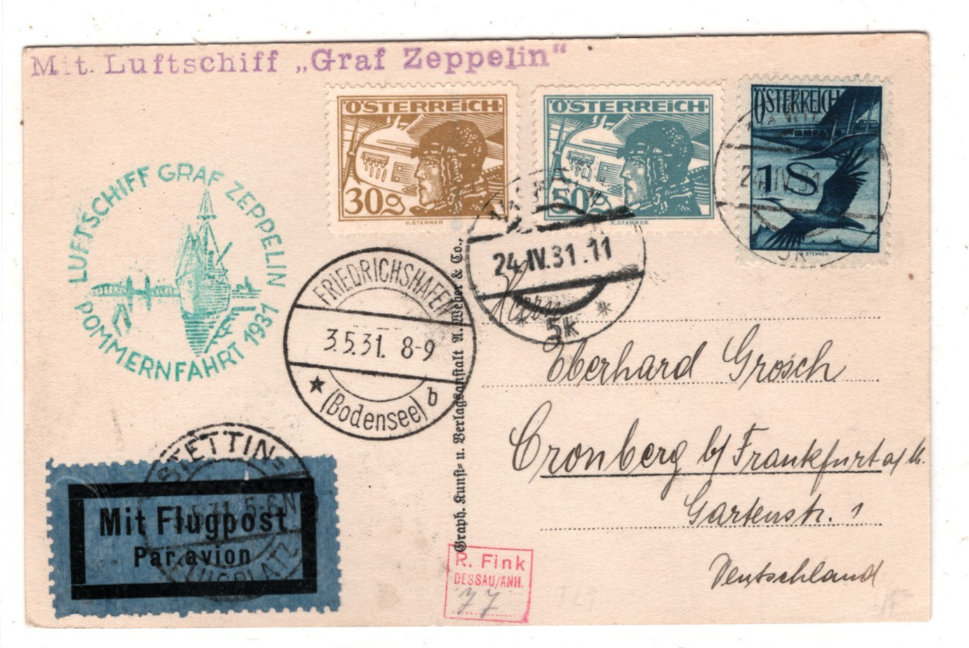 GRAF ZEPPELIN *AUSTRIA* Air 1s Card 1931 POMMERNFAHRT Stettin/Cronberg KZ568 - Image 3