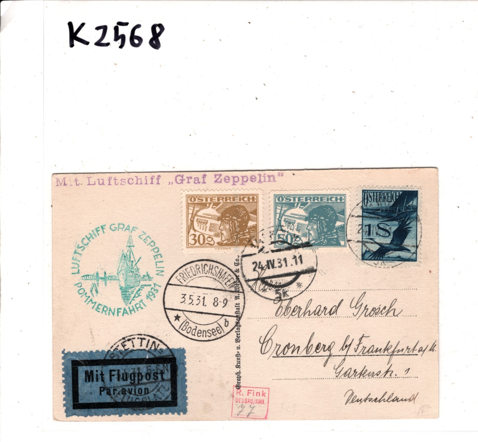 GRAF ZEPPELIN *AUSTRIA* Air 1s Card 1931 POMMERNFAHRT Stettin/Cronberg KZ568 - Image 6