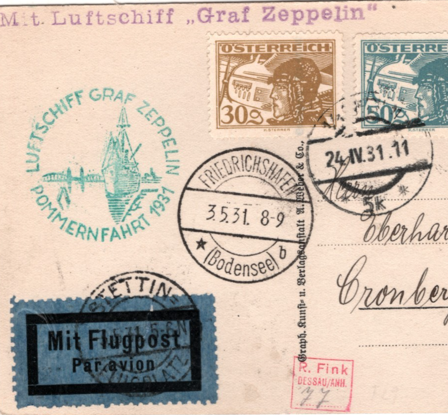 GRAF ZEPPELIN *AUSTRIA* Air 1s Card 1931 POMMERNFAHRT Stettin/Cronberg KZ568
