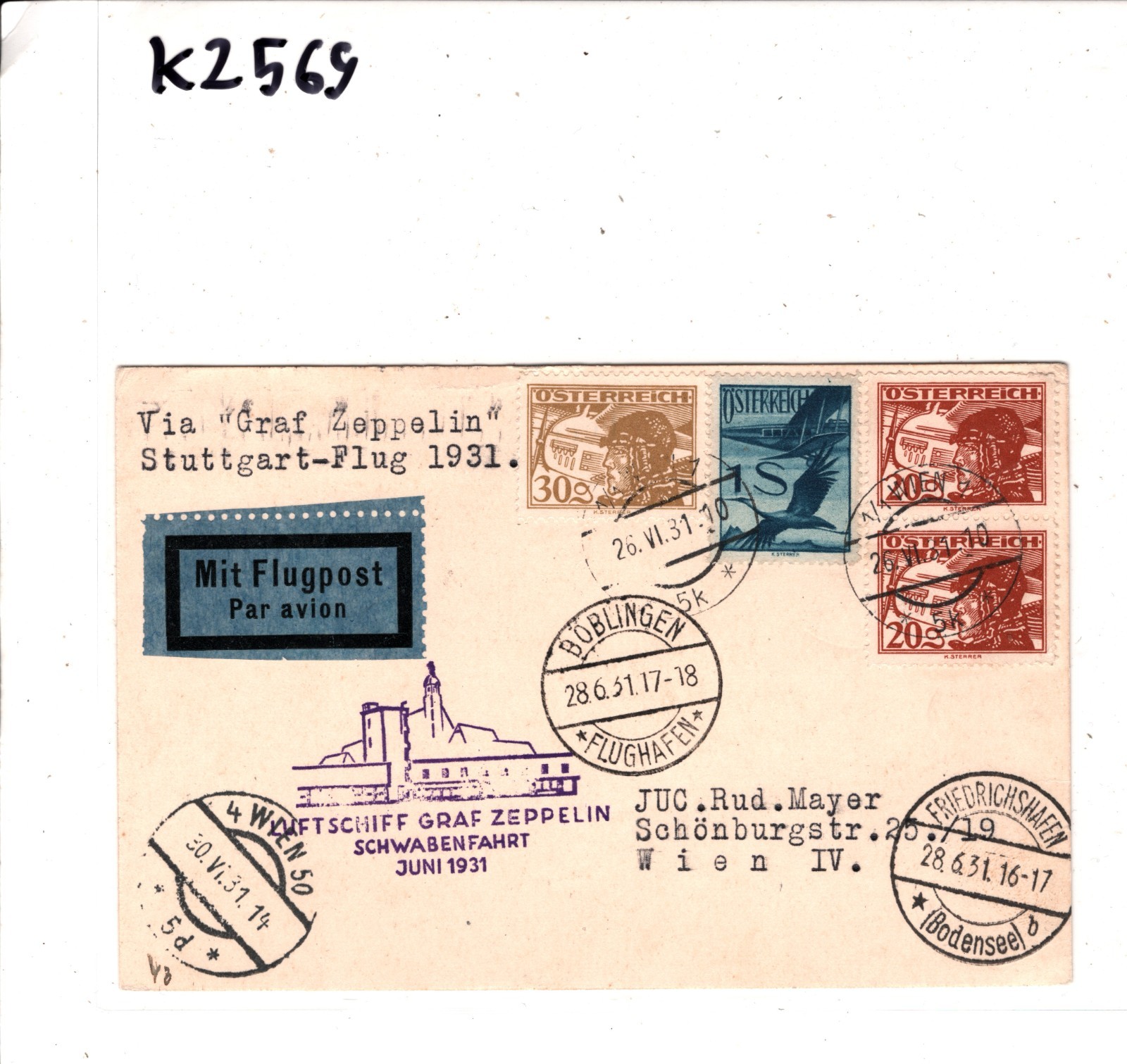 GRAF ZEPPELIN *AUSTRIA* Air Mail 1s Card 1931 SCHWABENFAHRT Böblingen Wien KZ569 - Image 6
