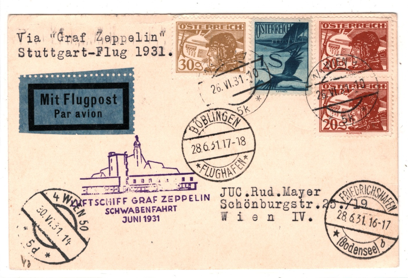 GRAF ZEPPELIN *AUSTRIA* Air Mail 1s Card 1931 SCHWABENFAHRT Böblingen Wien KZ569