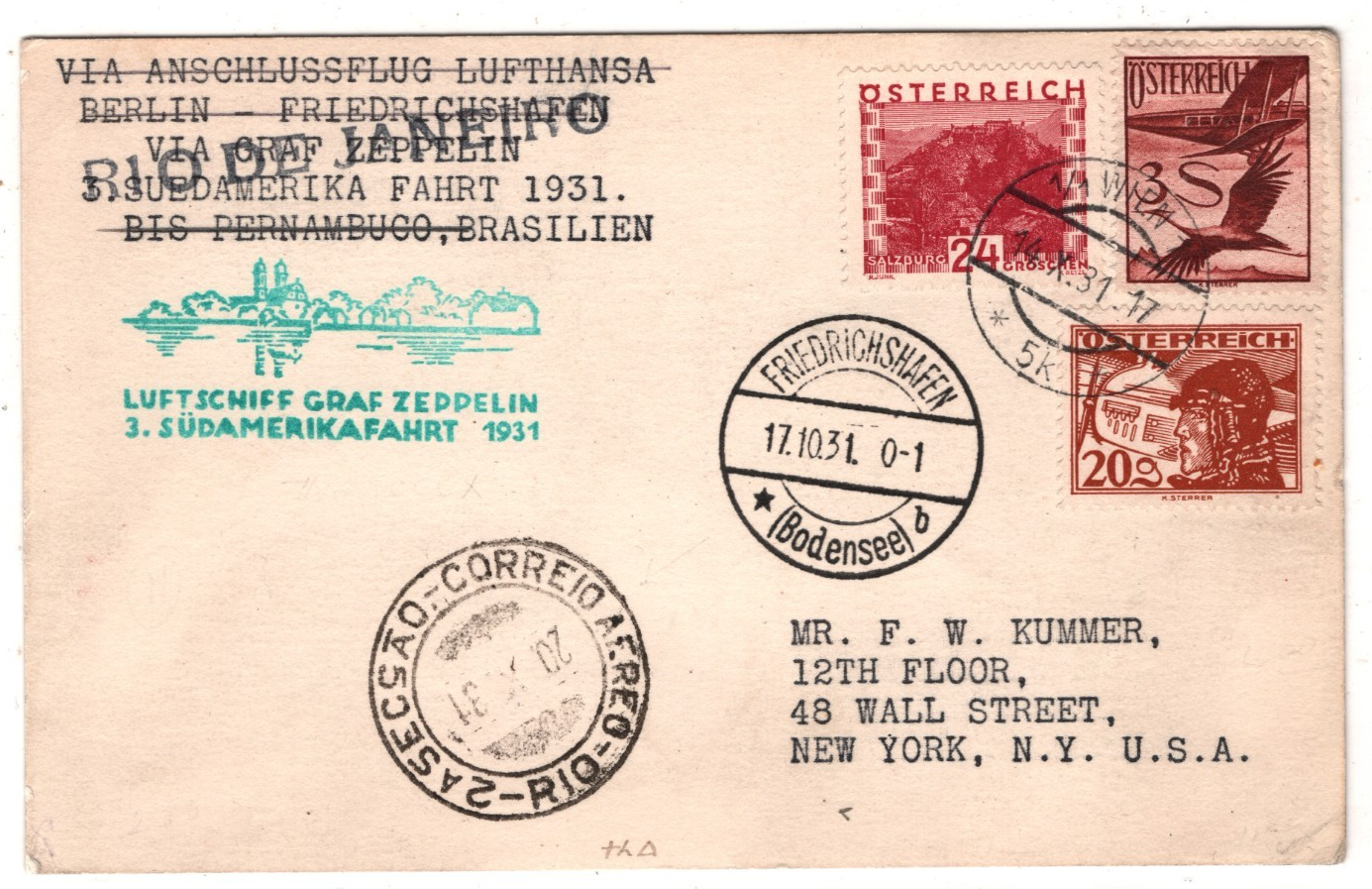 GRAF ZEPPELIN *AUSTRIA* Air Mail 3s Card 1931 3.SÜDAMERIKAFAHRT BRAZIL/USA KZ567 - Image 3