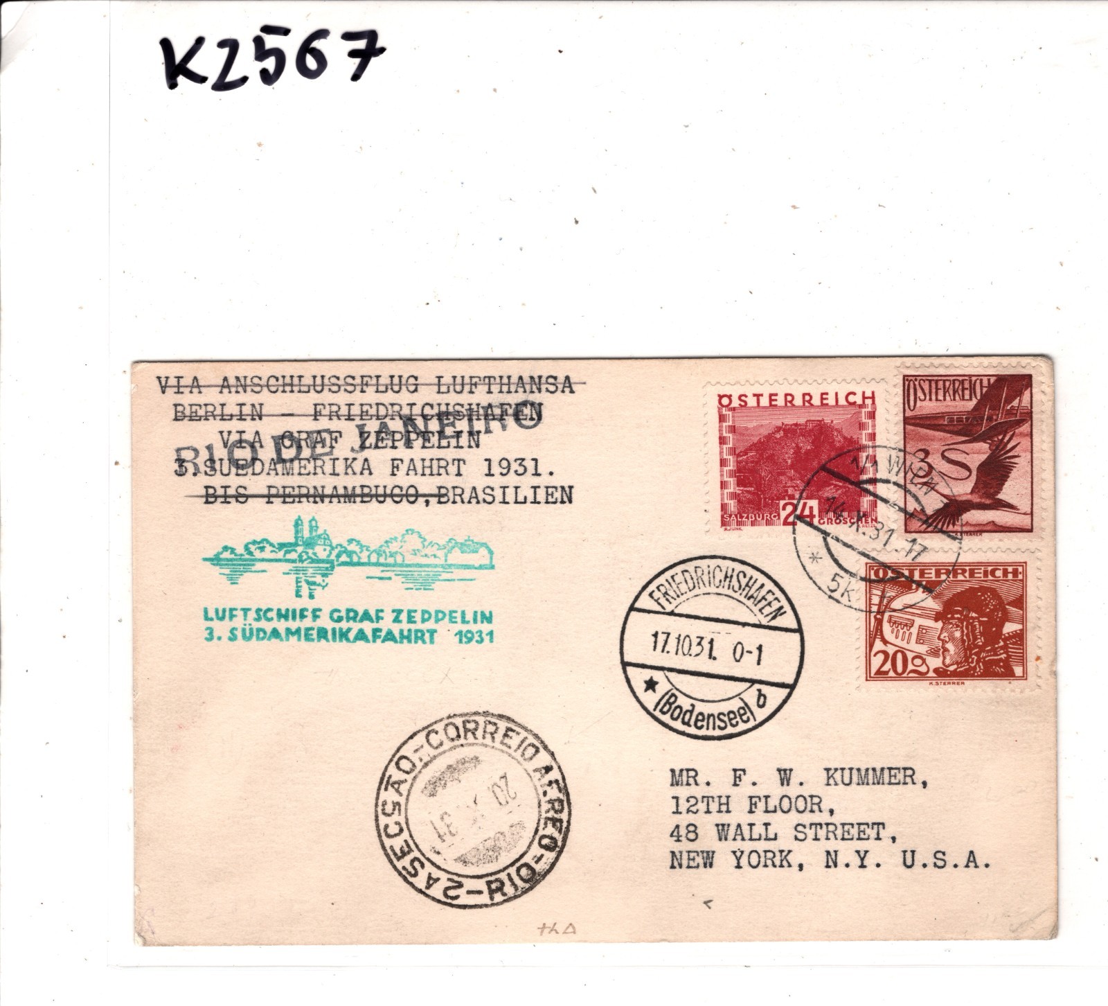 GRAF ZEPPELIN *AUSTRIA* Air Mail 3s Card 1931 3.SÜDAMERIKAFAHRT BRAZIL/USA KZ567 - Image 7