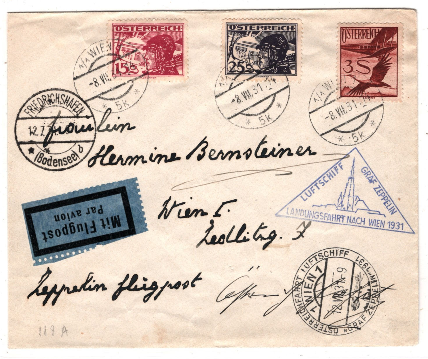 GRAF ZEPPELIN *AUSTRIA* Air Mail 3s Cover 1931 LANDUNGSFAHRT NACH WIEN KZ565 - Image 3