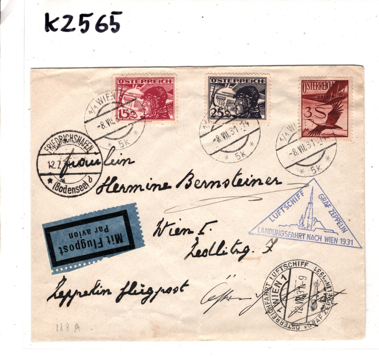 GRAF ZEPPELIN *AUSTRIA* Air Mail 3s Cover 1931 LANDUNGSFAHRT NACH WIEN KZ565 - Image 6