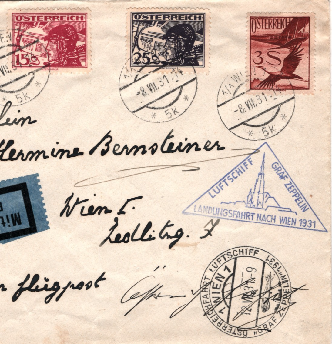 GRAF ZEPPELIN *AUSTRIA* Air Mail 3s Cover 1931 LANDUNGSFAHRT NACH WIEN KZ565
