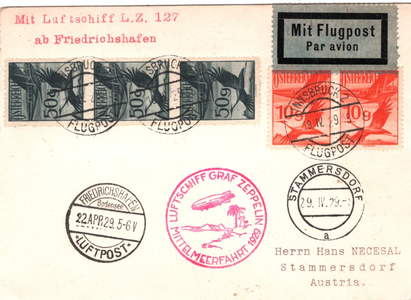 GRAF ZEPPELIN *AUSTRIA* Air Mail Card 1929 MITTELMEERFAHRT SPAIN Sevilla KZ144 - Image 3