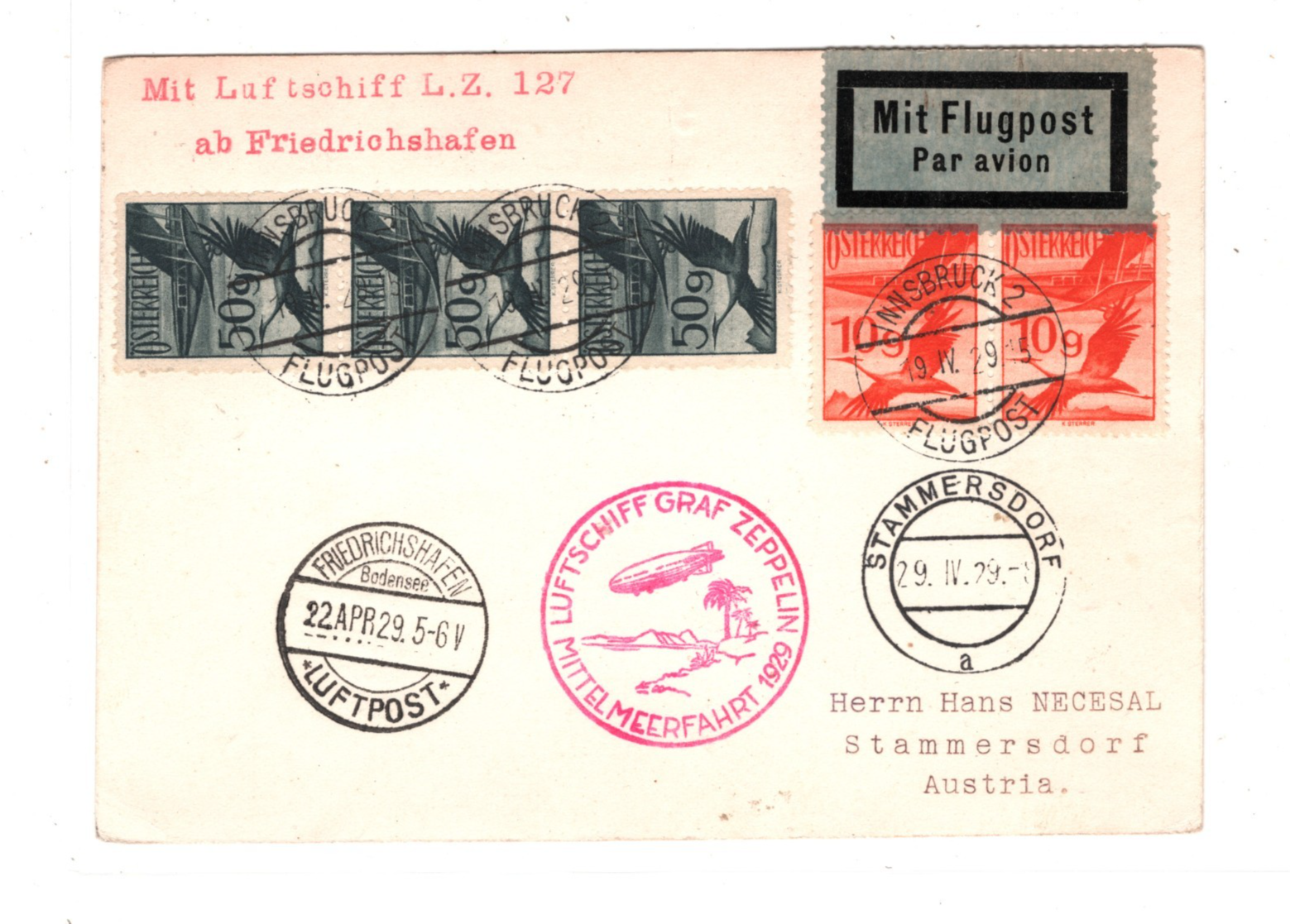 GRAF ZEPPELIN *AUSTRIA* Air Mail Card 1929 MITTELMEERFAHRT SPAIN Sevilla KZ144 - Image 4