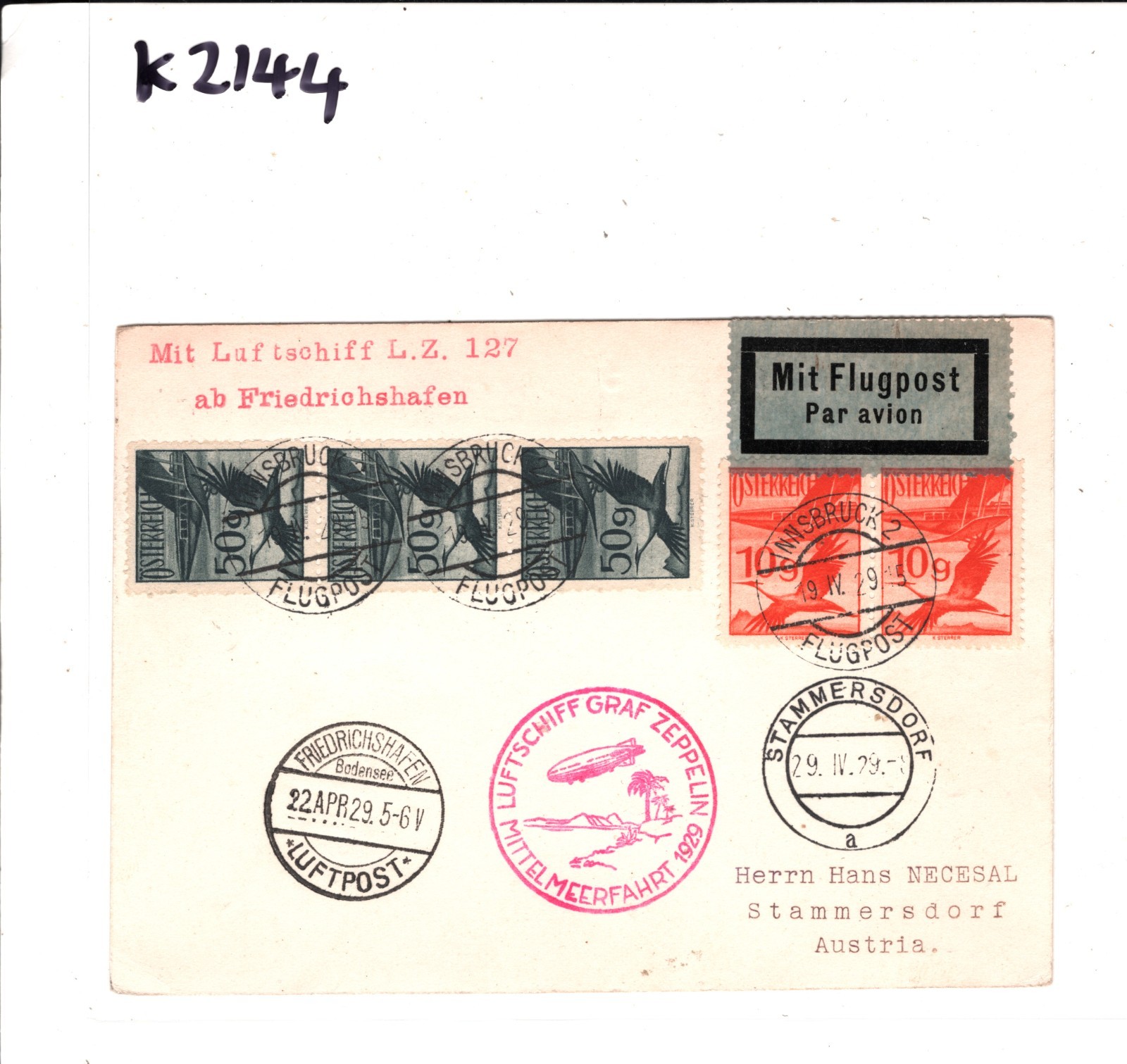 GRAF ZEPPELIN *AUSTRIA* Air Mail Card 1929 MITTELMEERFAHRT SPAIN Sevilla KZ144 - Image 6