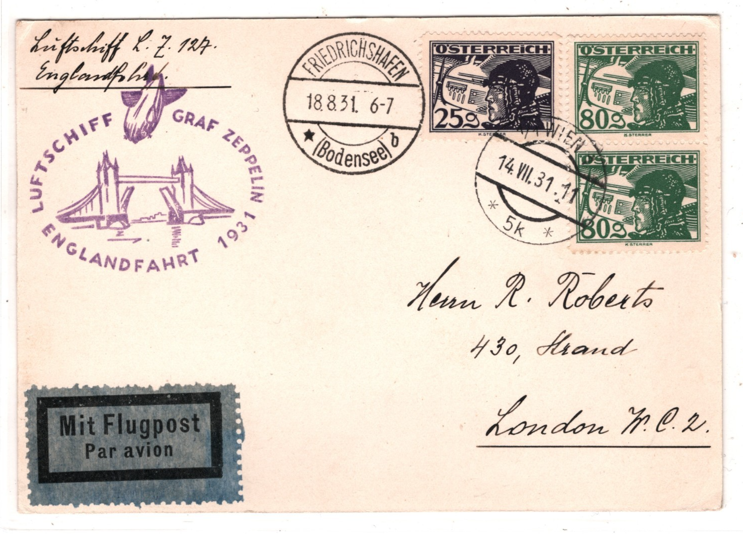 GRAF ZEPPELIN *AUSTRIA* Air Mail Card 1931 ENGLANDFAHRT London Vienna KZ570 - Image 4