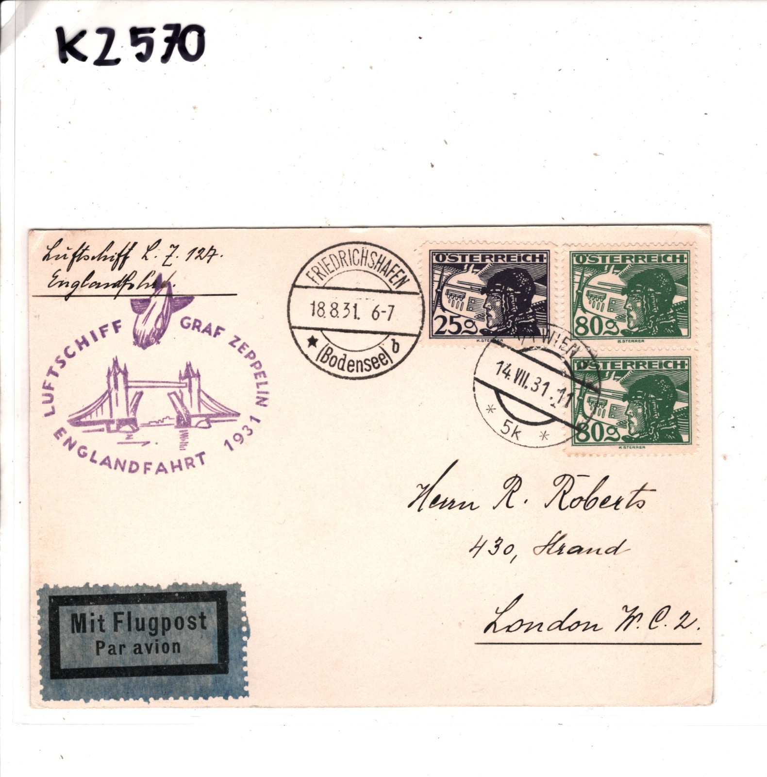 GRAF ZEPPELIN *AUSTRIA* Air Mail Card 1931 ENGLANDFAHRT London Vienna KZ570 - Image 8