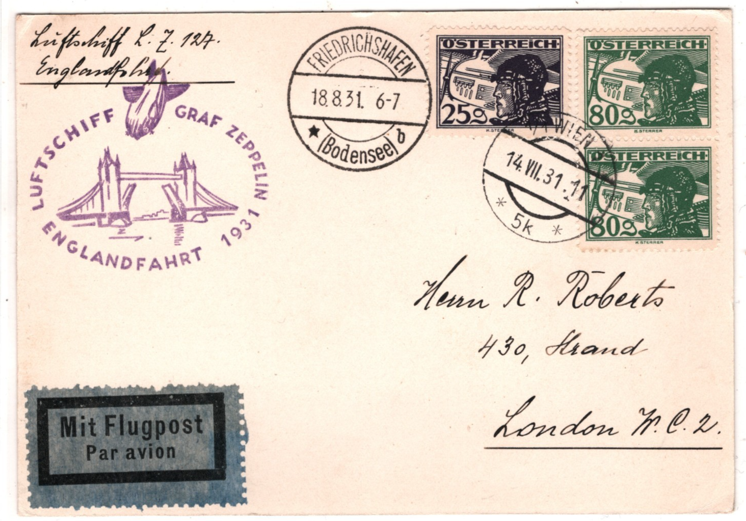 GRAF ZEPPELIN *AUSTRIA* Air Mail Card 1931 ENGLANDFAHRT London Vienna KZ570
