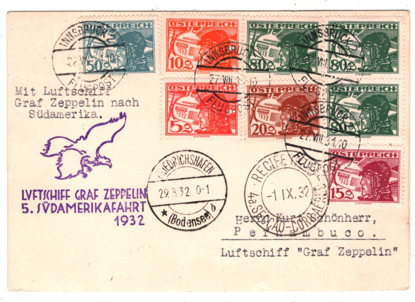 GRAF ZEPPELIN *AUSTRIA* Air Mail Card 1932 5.SÜDAMERIKAFAHRT Brazil BIRDS KZ566 - Image 3