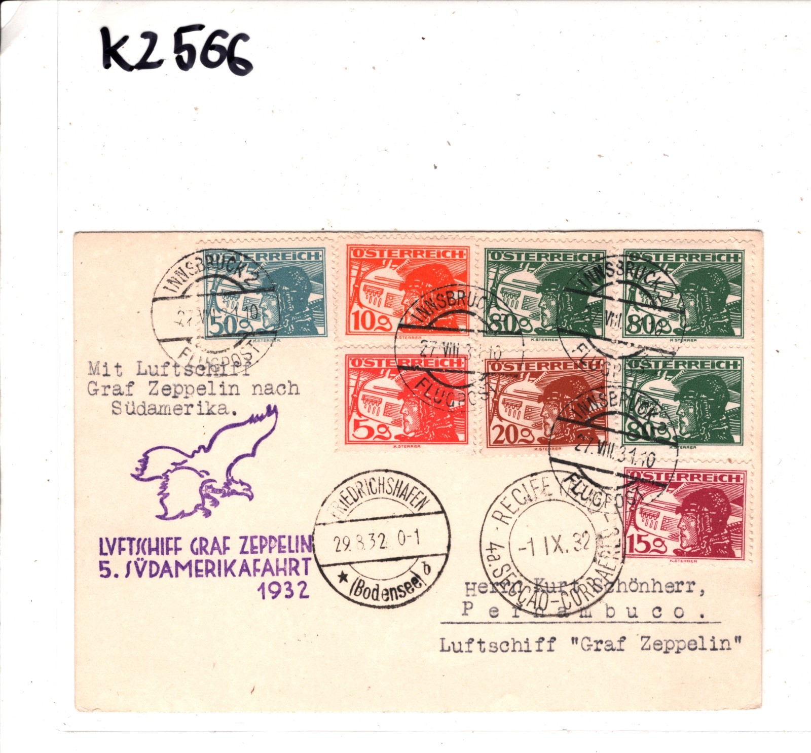 GRAF ZEPPELIN *AUSTRIA* Air Mail Card 1932 5.SÜDAMERIKAFAHRT Brazil BIRDS KZ566 - Image 6