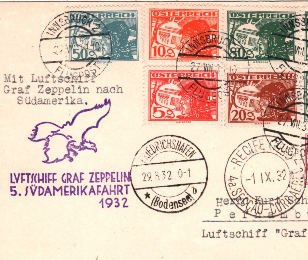 GRAF ZEPPELIN *AUSTRIA* Air Mail Card 1932 5.SÜDAMERIKAFAHRT Brazil BIRDS KZ566