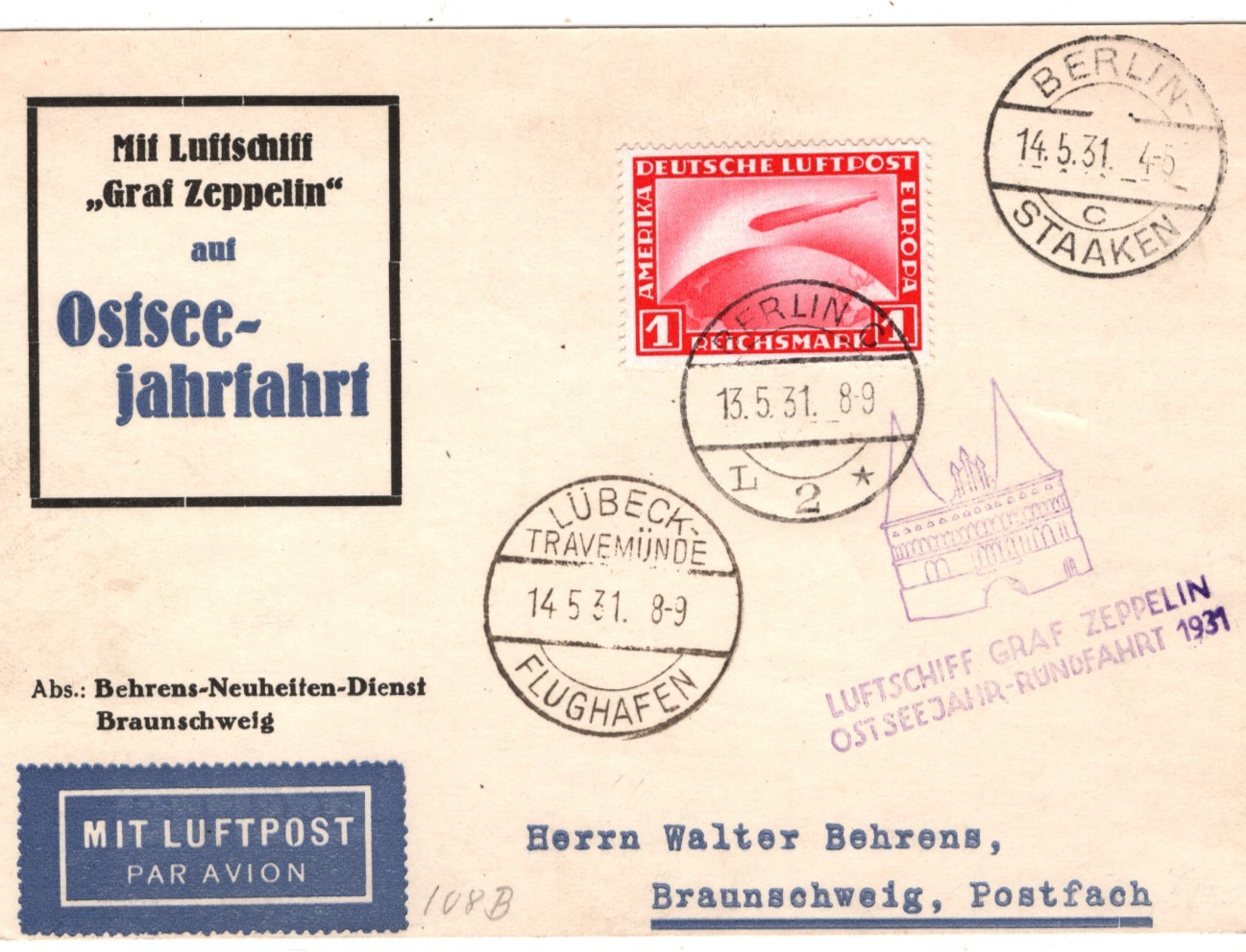 GRAF ZEPPELIN Air 1m Card 1931 *OSTSEEJAHR-RUNDFAHRT* STATIONERY Lübeck KZ190