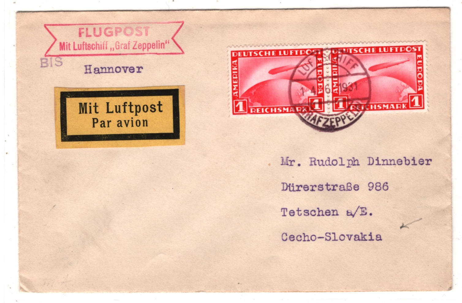 GRAF ZEPPELIN Air 1m PAIR Cover 1931 An Bord Děčín CZECHOSLOVAKIA Hannover KZ228 - Image 3