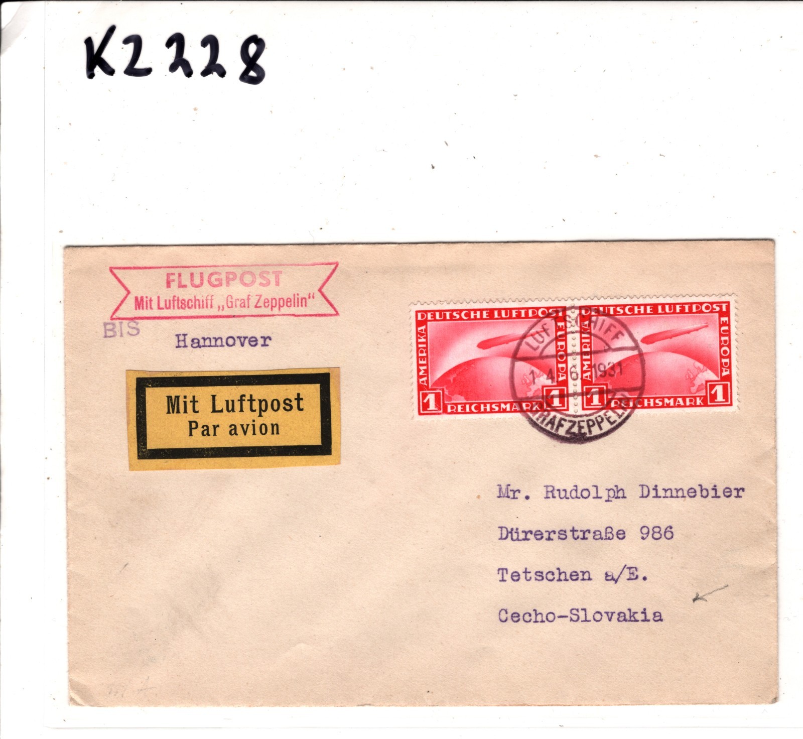 GRAF ZEPPELIN Air 1m PAIR Cover 1931 An Bord Děčín CZECHOSLOVAKIA Hannover KZ228 - Image 6