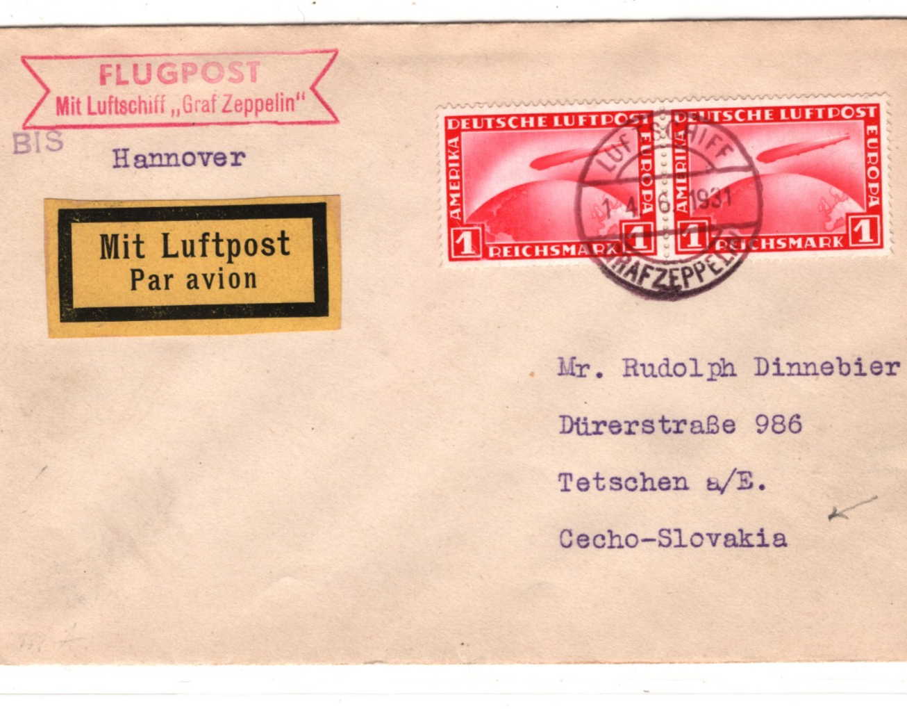 GRAF ZEPPELIN Air 1m PAIR Cover 1931 An Bord Děčín CZECHOSLOVAKIA Hannover KZ228