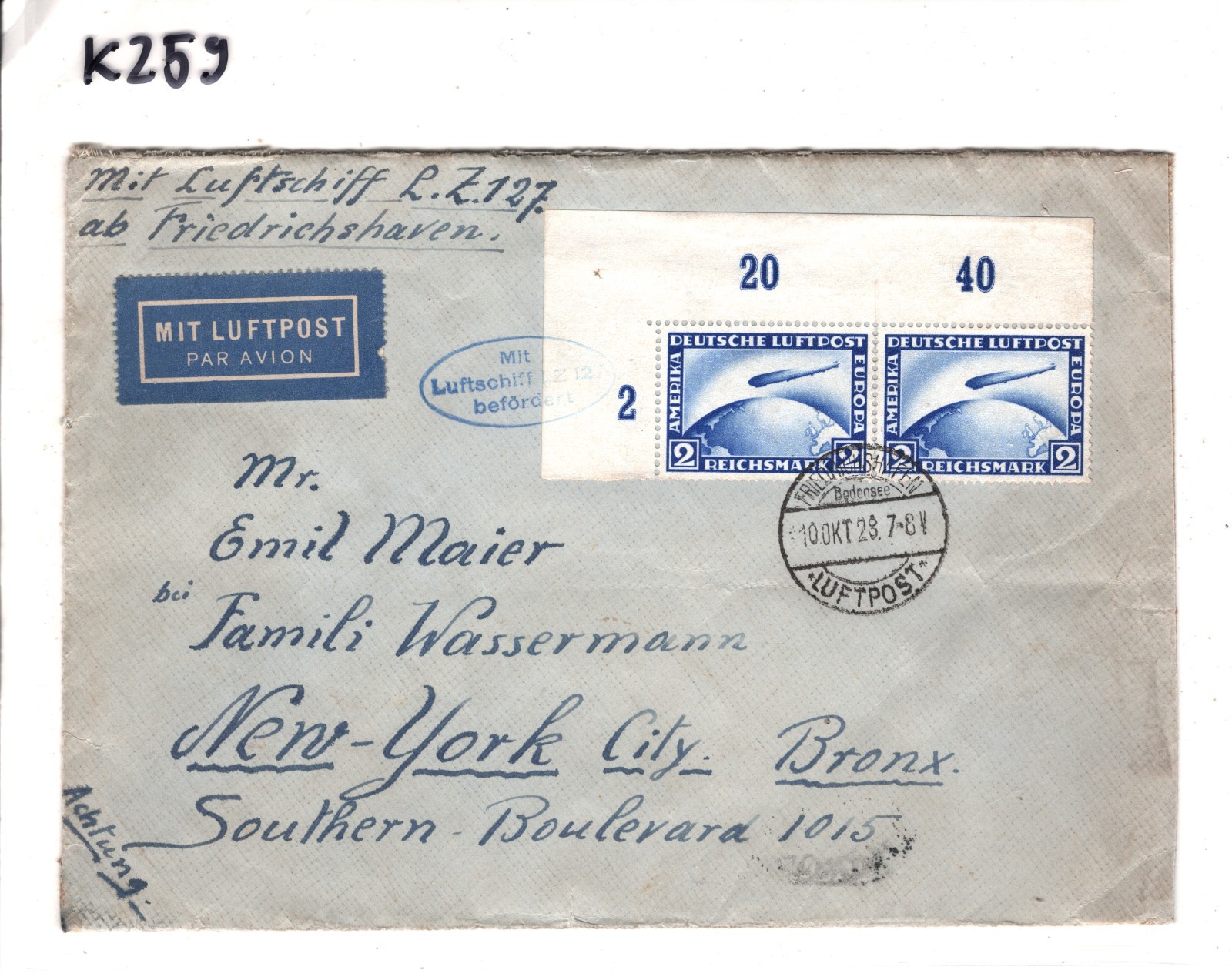 GRAF ZEPPELIN Air 2m *CORNER PAIR* Cover 1928 FIRST TRANSATLANTIC FLIGHT KZ59 - Image 12