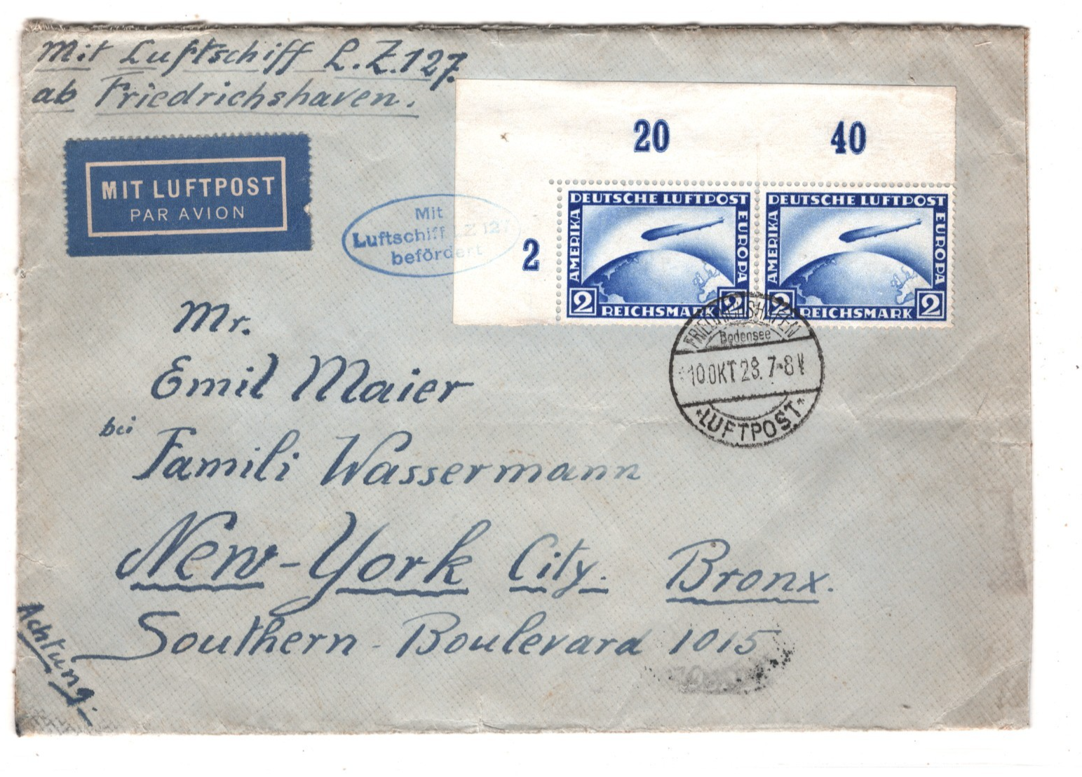 GRAF ZEPPELIN Air 2m *CORNER PAIR* Cover 1928 FIRST TRANSATLANTIC FLIGHT KZ59 - Image 3