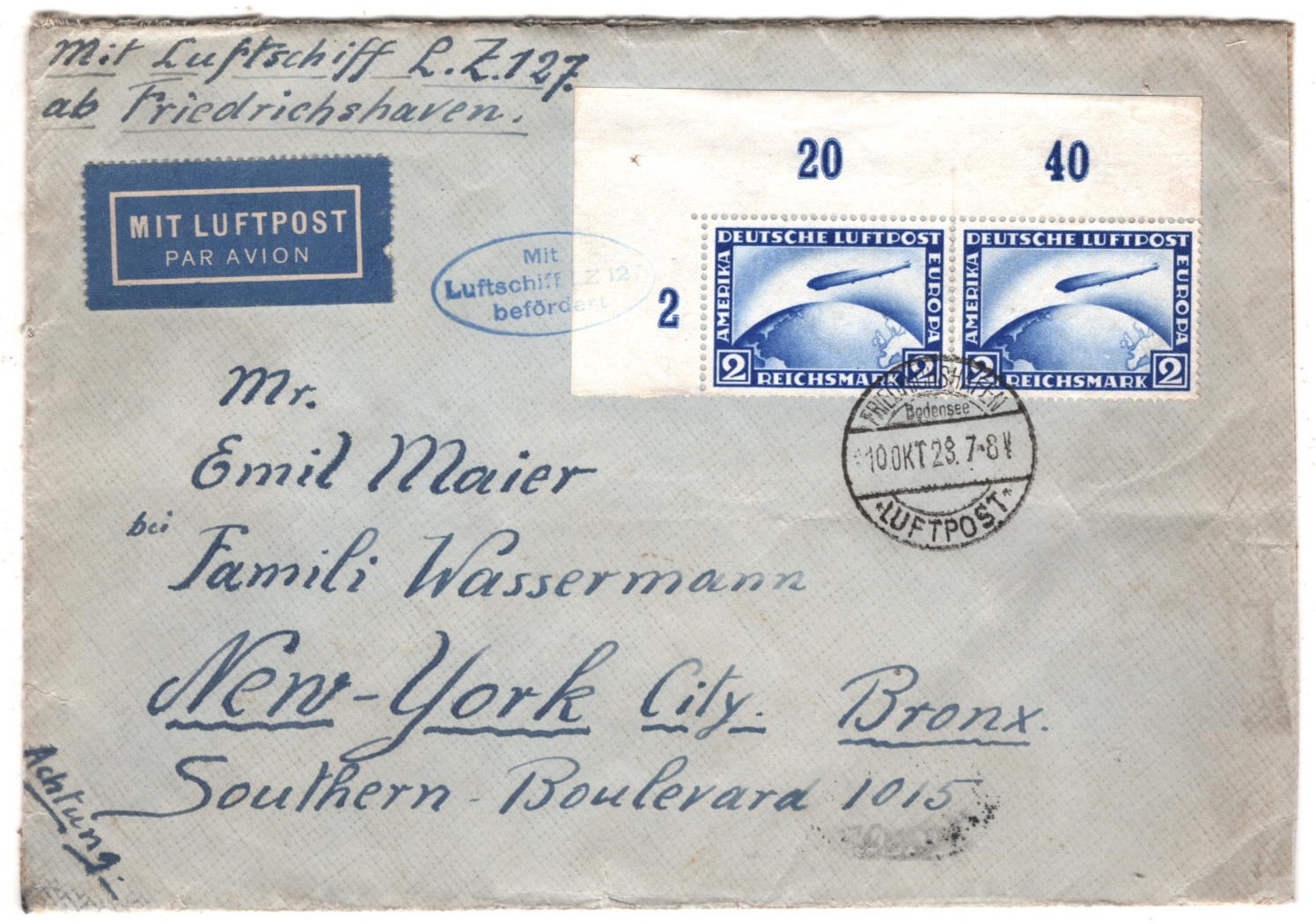 GRAF ZEPPELIN Air 2m *CORNER PAIR* Cover 1928 FIRST TRANSATLANTIC FLIGHT KZ59 - Image 6