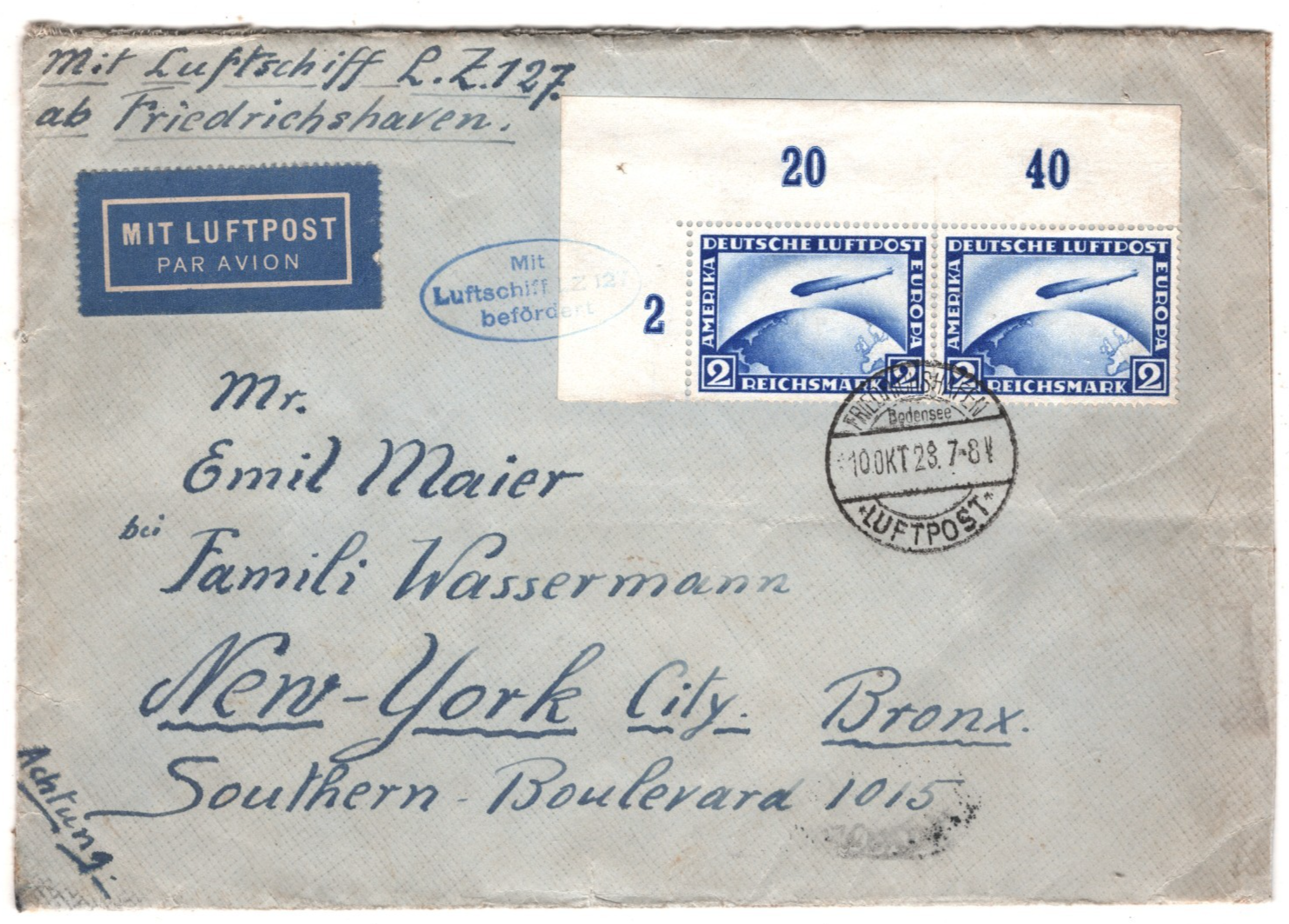 GRAF ZEPPELIN Air 2m *CORNER PAIR* Cover 1928 FIRST TRANSATLANTIC FLIGHT KZ59 - Image 9