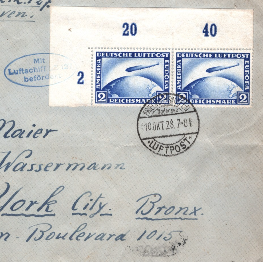 GRAF ZEPPELIN Air 2m *CORNER PAIR* Cover 1928 FIRST TRANSATLANTIC FLIGHT KZ59