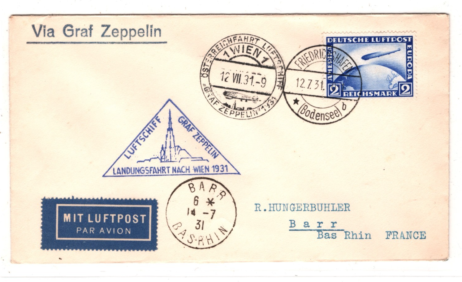 GRAF ZEPPELIN Air 2m Cover 1931 *LANDUNGSFAHRT NACH WIEN* France BARR CDS KZ206 - Image 3