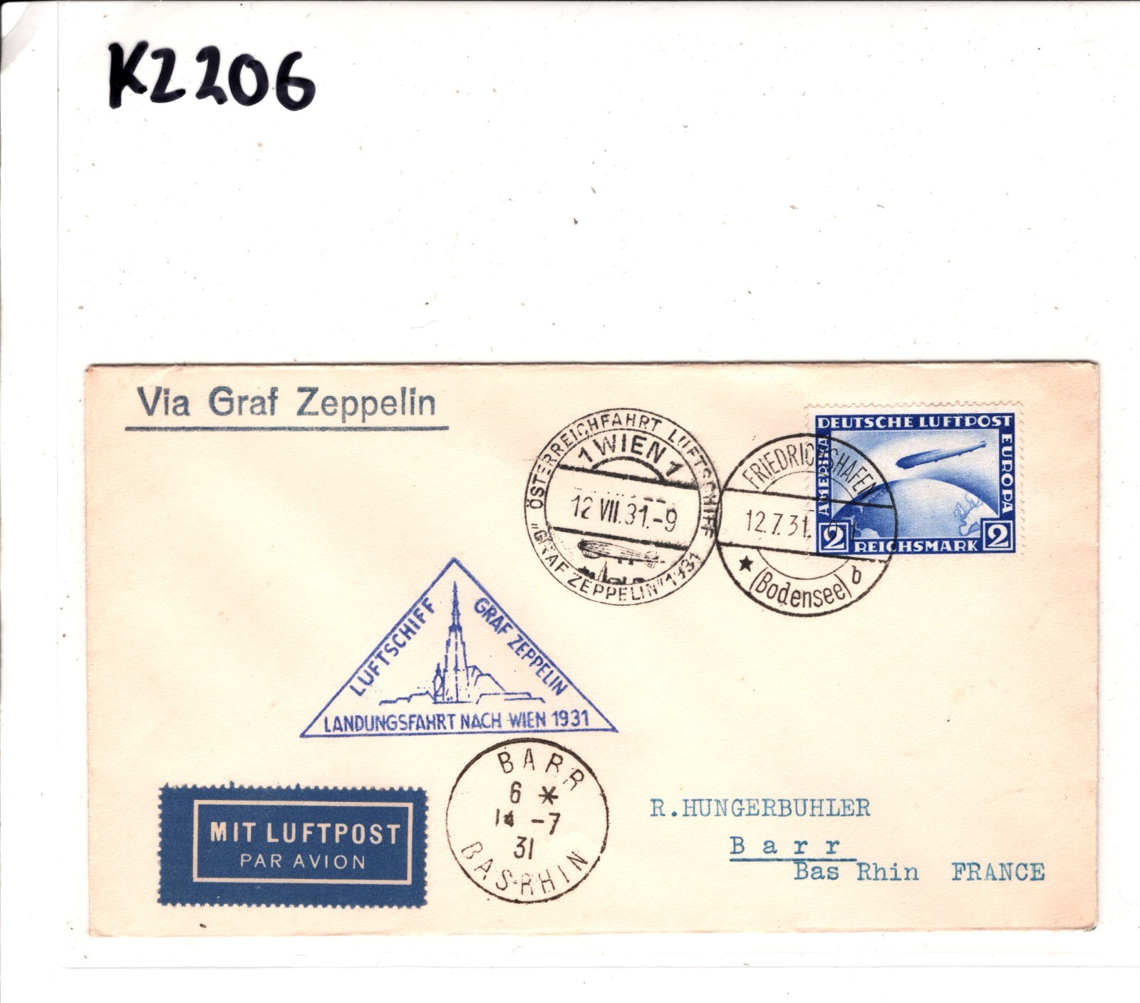 GRAF ZEPPELIN Air 2m Cover 1931 *LANDUNGSFAHRT NACH WIEN* France BARR CDS KZ206 - Image 4