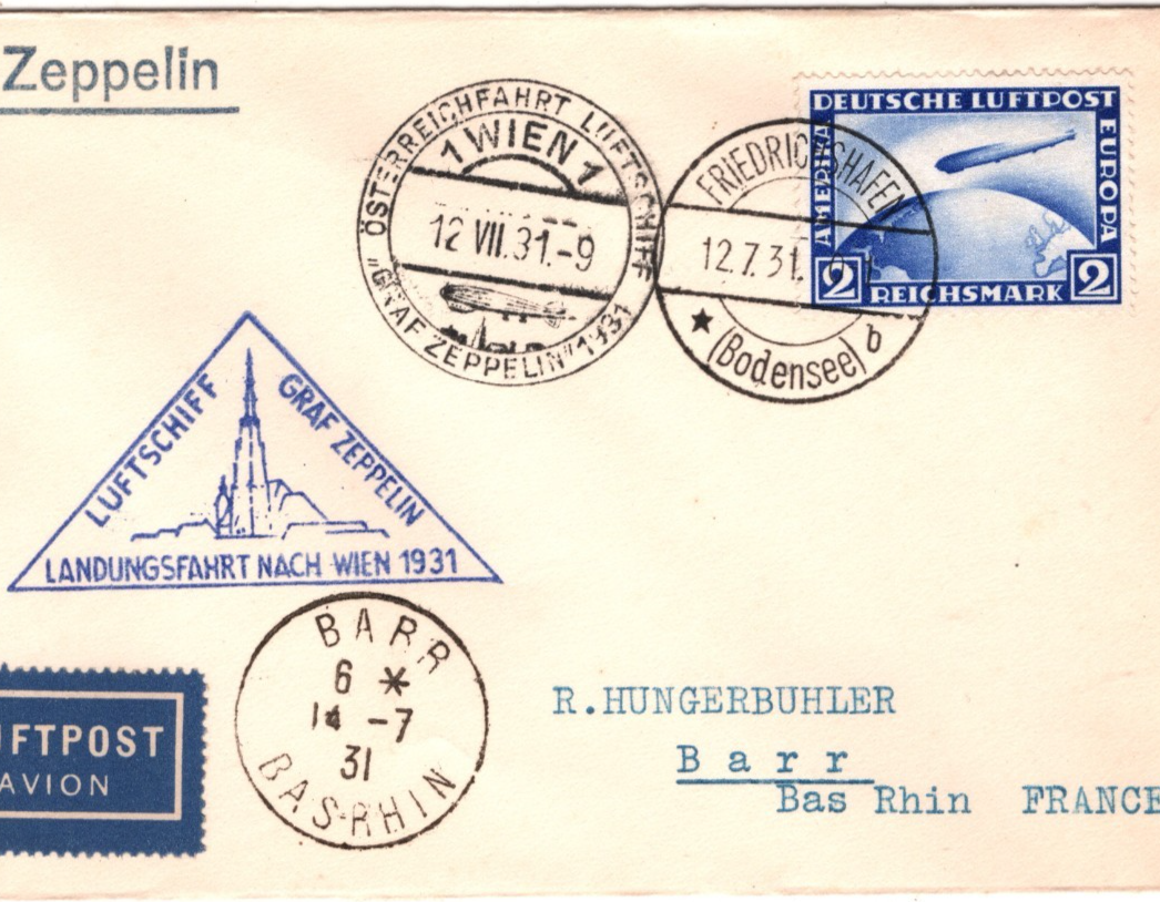 GRAF ZEPPELIN Air 2m Cover 1931 *LANDUNGSFAHRT NACH WIEN* France BARR CDS KZ206