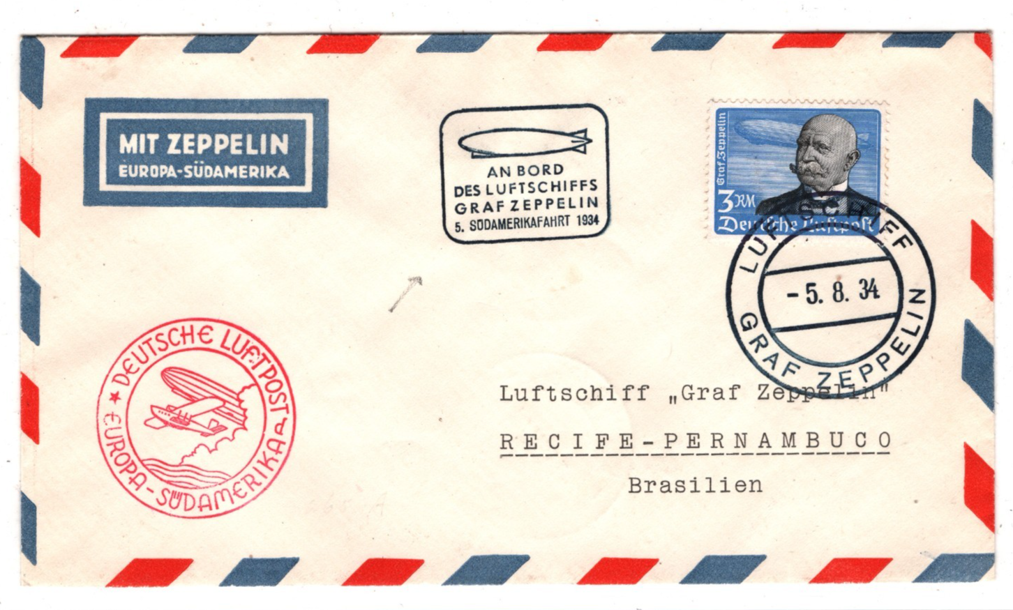 GRAF ZEPPELIN Air 3m AN BORD Cover 1934 Superb *5.SUDAMERIKAFAHRT* Cachet KZ244 - Image 4