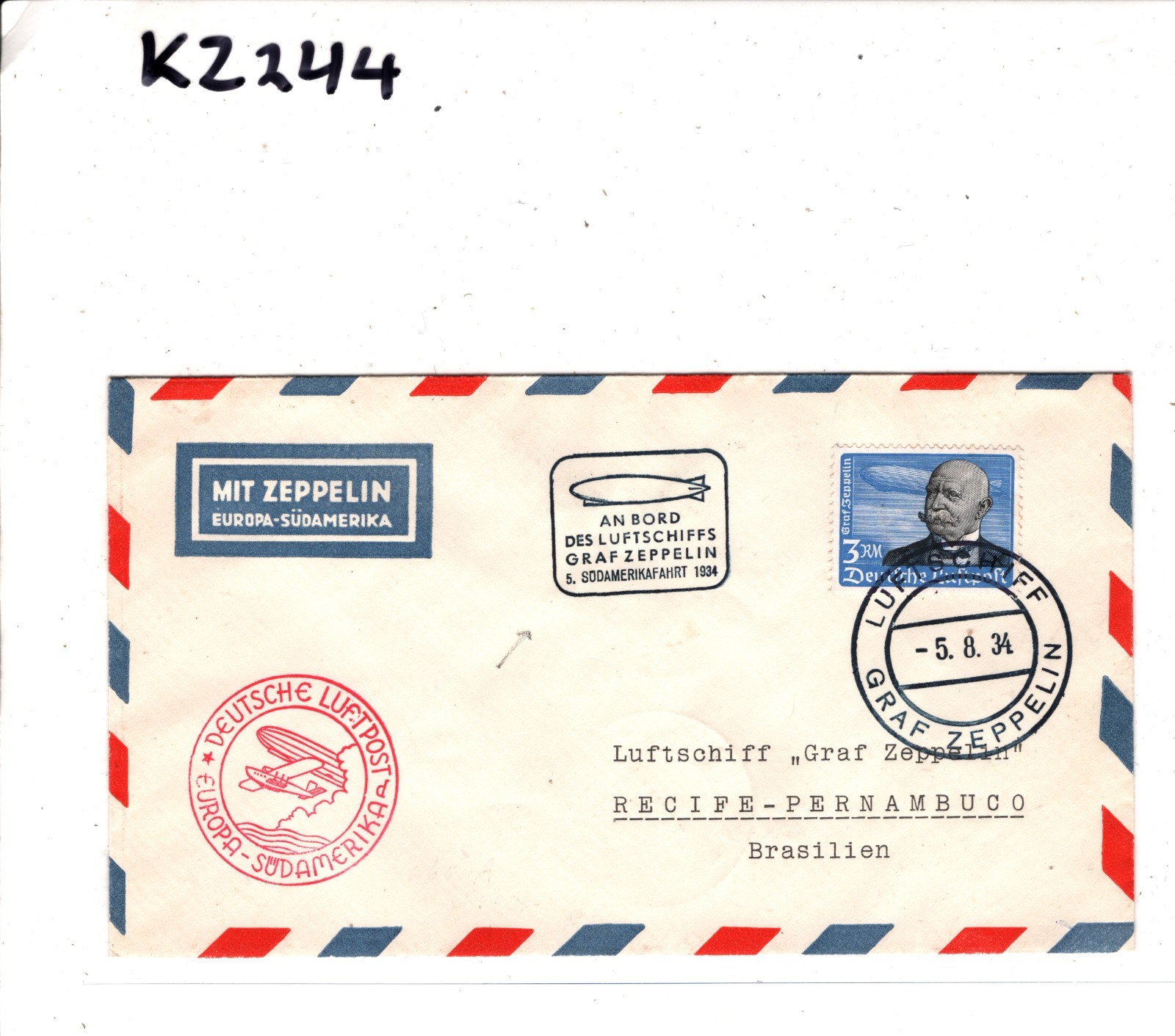 GRAF ZEPPELIN Air 3m AN BORD Cover 1934 Superb *5.SUDAMERIKAFAHRT* Cachet KZ244 - Image 9