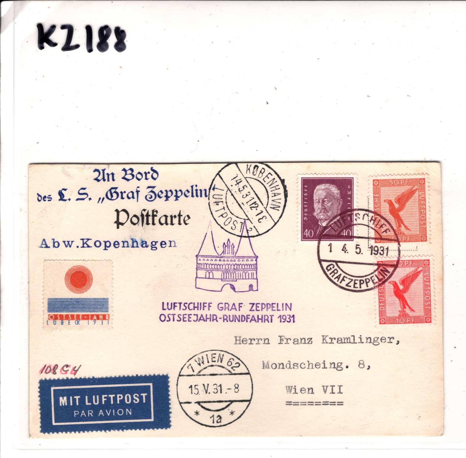 GRAF ZEPPELIN Air AN BORD Card 1931 *OSTSEEJAHR-RUNDFAHRT* Label Kobenhavn KZ188 - Image 6