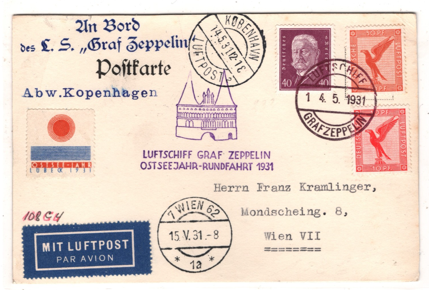 GRAF ZEPPELIN Air AN BORD Card 1931 *OSTSEEJAHR-RUNDFAHRT* Label Kobenhavn KZ188