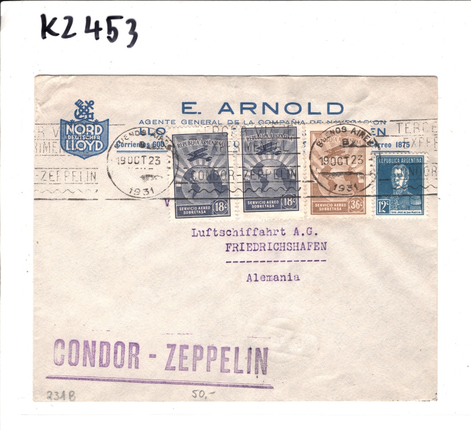 GRAF ZEPPELIN Air ARGENTINA Cover *NORDDEUTSCHER LLOYD* 1931 GERMANY KZ453 - Image 4