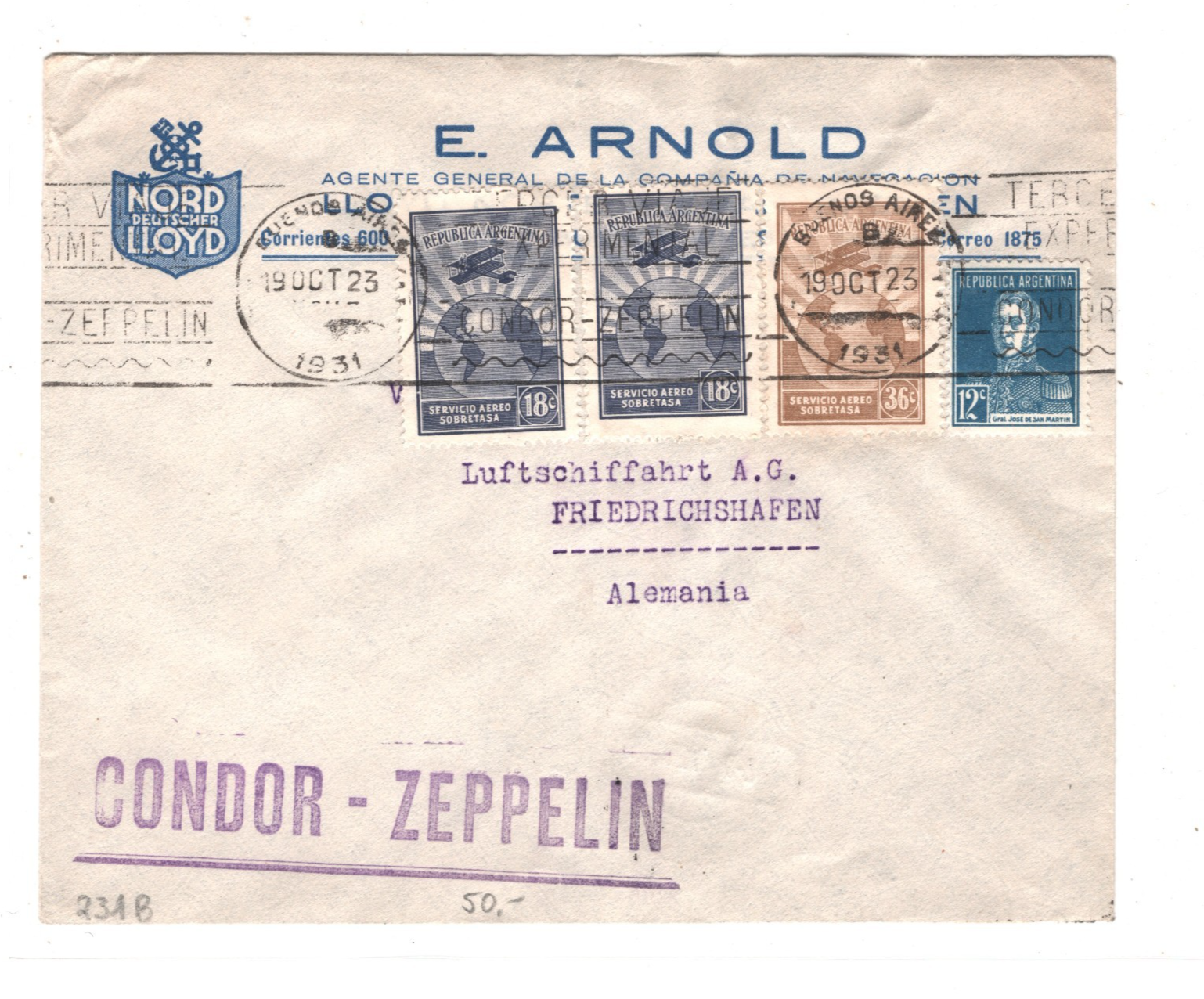 GRAF ZEPPELIN Air ARGENTINA Cover *NORDDEUTSCHER LLOYD* 1931 GERMANY KZ453