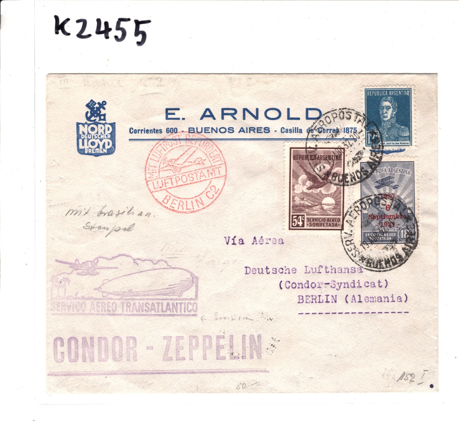 GRAF ZEPPELIN Air ARGENTINA Cover *NORDDEUTSCHER LLOYD* 1932 GERMANY KZ455 - Image 6